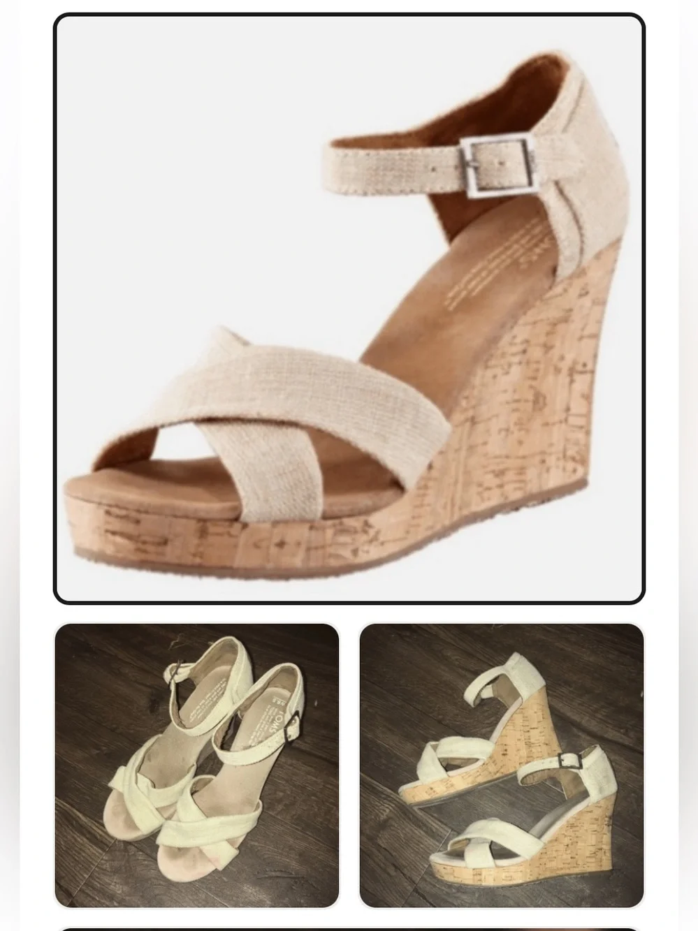 Toms Beige Canvas Cork Wedge Sandals with Ankle Strap size 7